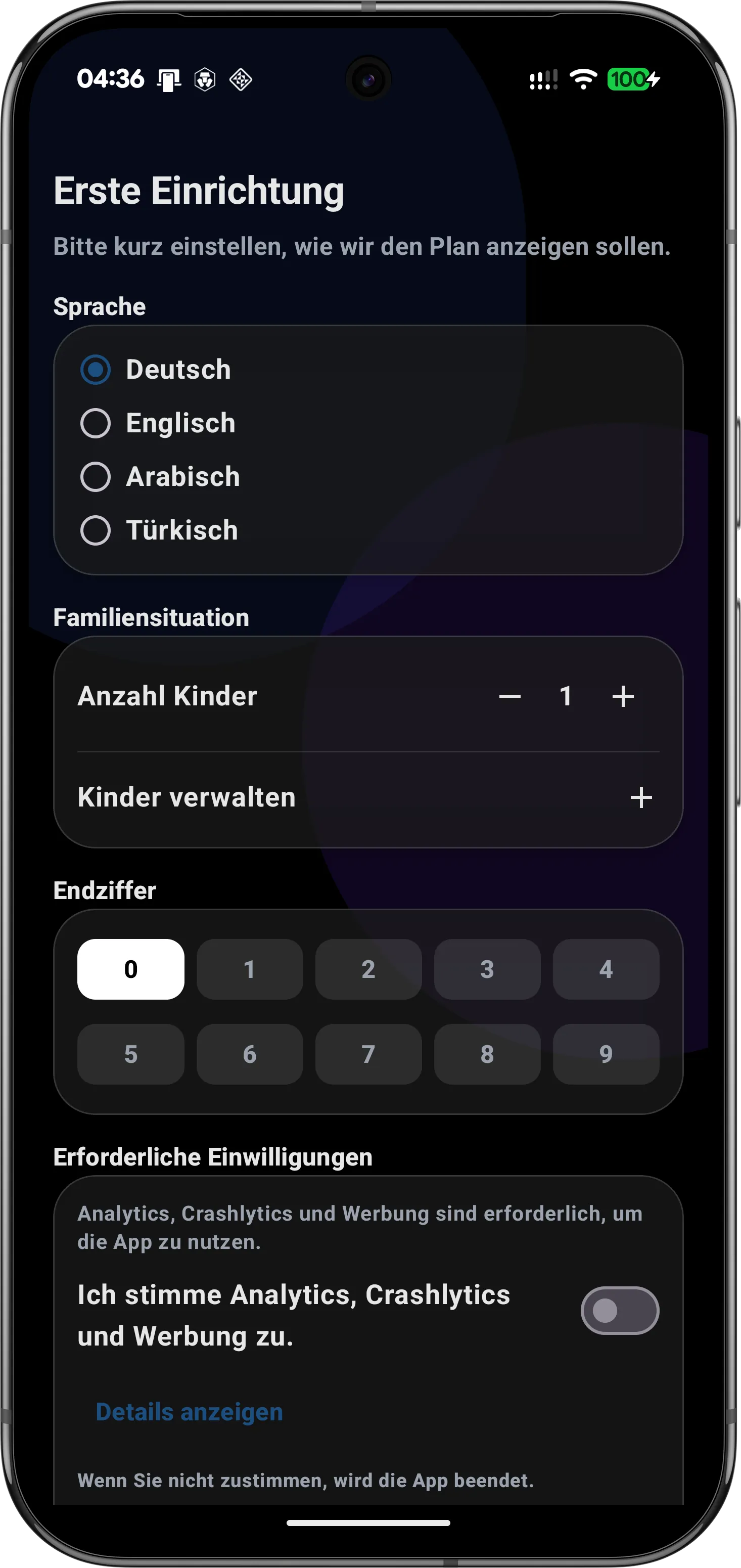 Kindergeld App Ersteinrichtung: Sprache, Kinderanzahl und Endziffer wählen